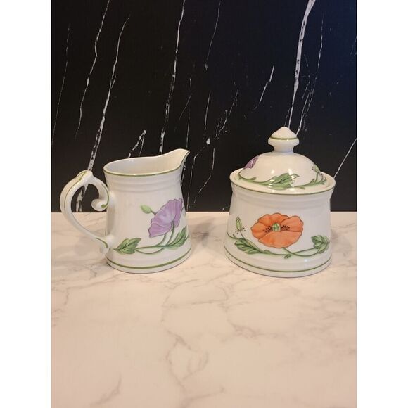 Villeroy & Boch AMAPOLA Creamer & Sugar Set POPPY FLOWER 80s Germany Vintage EUC - Picture 1 of 8